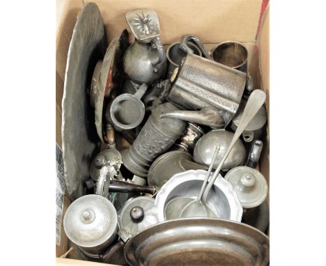 A box containing a quantity of various pewter wares, to include a 19th century teapot, a relief decorated tankard, and a hamm