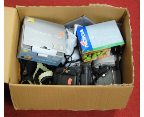 A box of miscellaneous cameras and equipment, to include a Bell &amp; Howell electric eye cine camera, a JVC video camera