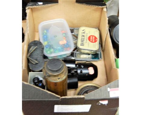 A box of miscellaneous items to include lacquered brass monocular student's microscope, various lenses, opera glasses, marble