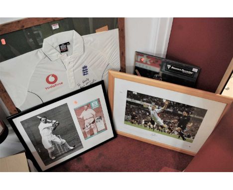 A collection of sporting memorabilia, to include a signed photograph by Don Bradman, signed England cricket shirt, cricketing