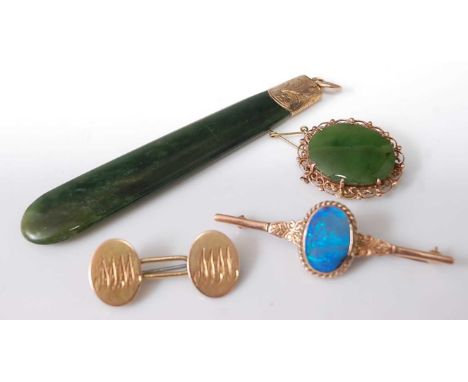 A 15ct gold bar brooch, with steel pin (converted from cufflinks), 5.1g; together with a 9ct gold and opal doublet set bar br