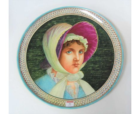 A large Victorian Doulton charger painted with a portrait of a girl in bonnet, having impressed circular Doulton mark verso, 