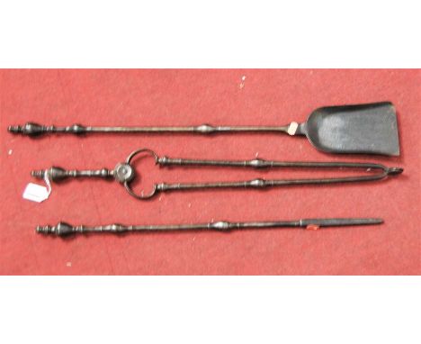 A set of three 19th century steel fire  tools to include poker, tongs, and shovel