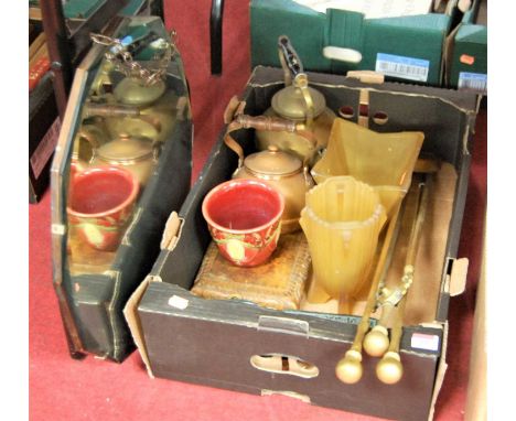 A box of miscellaneous items to include Art Deco moulded glass vase, turned brass fire tools, copper kettle, Art Deco wall mi