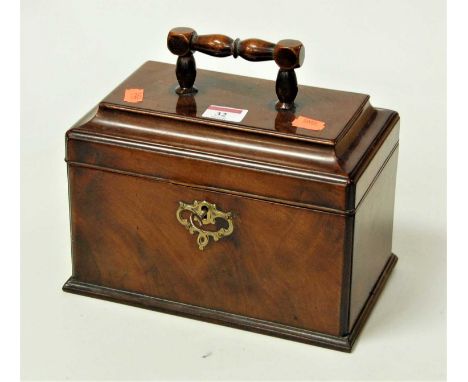 A George III mahogany tea caddy, the cavetto top with later handle, opening to reveal three pewter canisters, w.25cmCondition