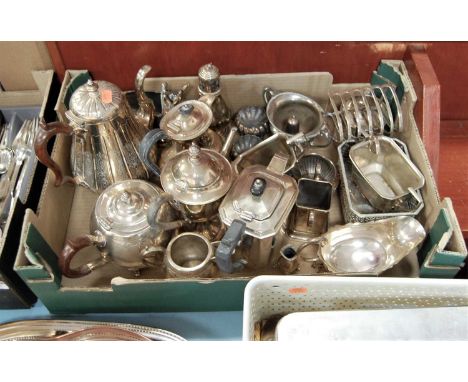 Two boxes containing a collection of silver plated wares, to include teapot, coffee pot, sugar sifters, sauceboats, toast-rac