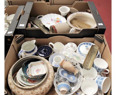 Three boxes containing a collection of ceramics, to include a Royal Doulton Tiverton pattern part tea service, Wedgwood Jaspe