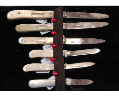 Six various 19th century and later silver bladed pocket fruit knives, having mother of pearl handles