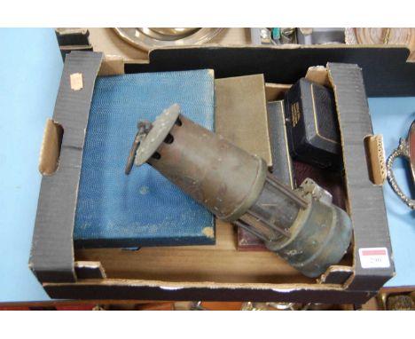 A collection of miscellaneous items, to include a miners lamp, a cased glass and enamel parasol handle (a/f), a cased set of 