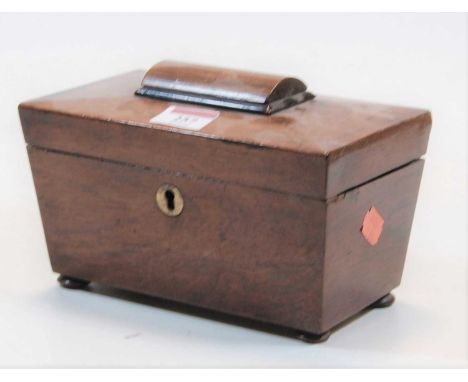 A mid 19th century rosewood tea caddy, of sarcophagus form, having brass escutcheon and standing on four disc feet, h.13cm