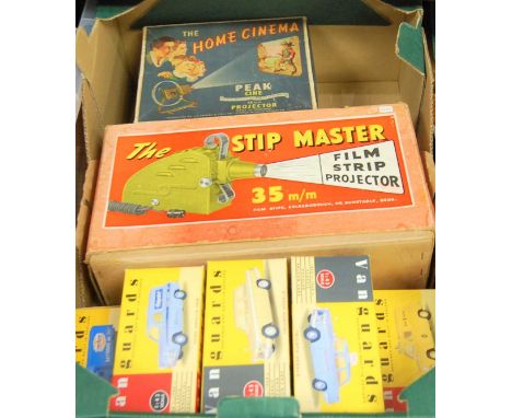 A box of miscellaneous items to include a boxed The Stip Master 35mm film projector, various modern issue Vanguards diecast, 