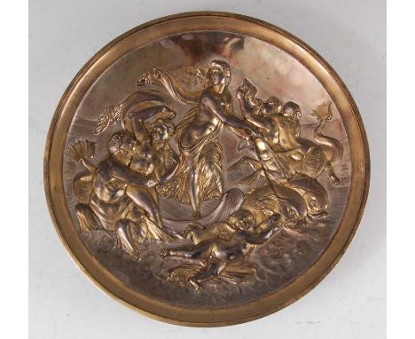 A large circa 1900 French electroplated circular shallow dish, the raised and chased decoration depicting Greek mythological 