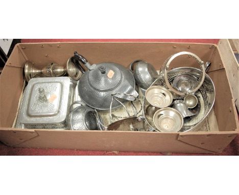 A collection of silver plated and pewter wares, to include a hammer-beaten pewter teapot