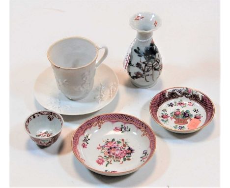 An early 19th century New Hall Porcelain dish, having pink border and floral decoration; together with one other similar; a J