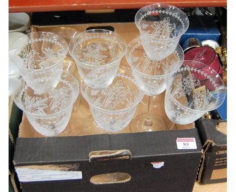 Three boxes of miscellaneous china and glassware to include Japanese eggshell tea service, Imari bowl, etched wine glasses et