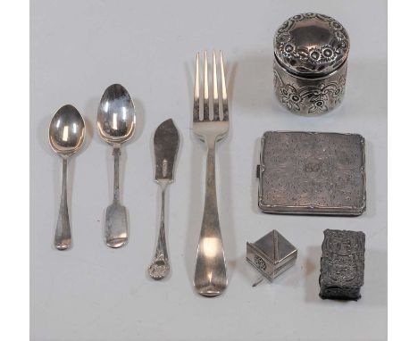 A small collection of miscellaneous items to include silver cased powder compact, silver dressing table jar, loose flatwares 