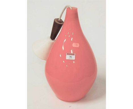 A 1970s Danish orange glass teardrop ceiling light pendant, with teak fittingCondition report: Rough edges to top and bottom,