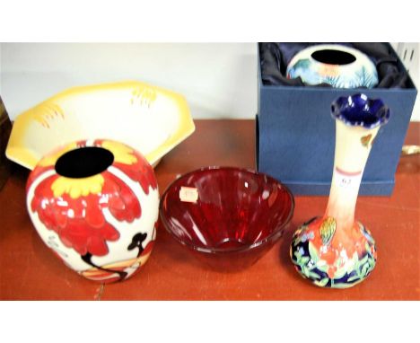 A Gullaskruf Scandinavian ruby glass bowl, together with two Old Tupton ware vases, one other baluster vase and an Art Deco B