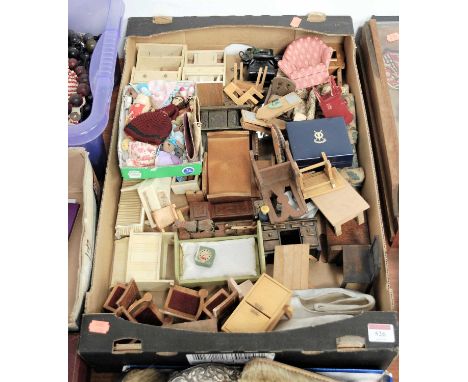 A box of miscellaneous mid 20th century dolls house furniture, mainly being plywood examples to include beds, dressing table,