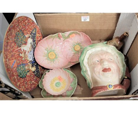 A box of various ceramics, to include a Beswick character jug 'Sairey Gamp', a Carltonware floral bowl etc 