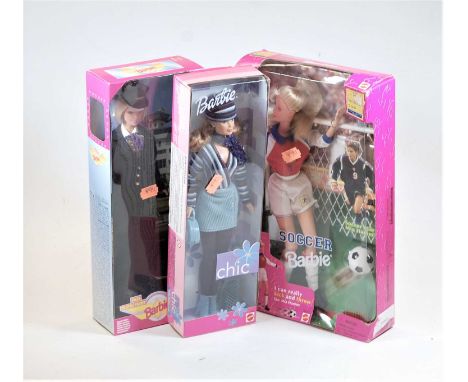 Three modern Mattel boxed Barbie dolls to include Soccer Barbie, Chic Barbie, and Pilot Barbie (3)