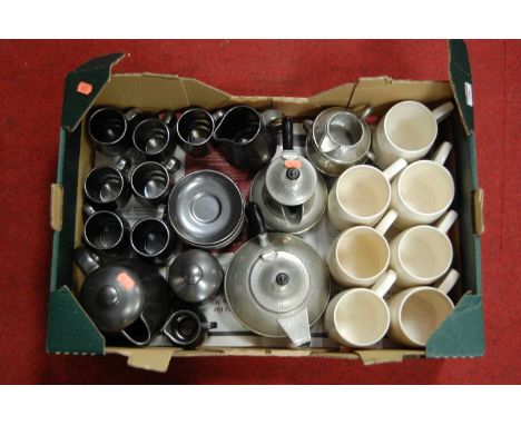 A box of miscellaneous items to include a Craftsman hammered pewter 4 piece tea/coffee set in the Arts &amp; Crafts style and