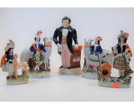 A 19th century Staffordshire pottery figure of James B Rush (a/f); together with four other similar figures, the largest h.25