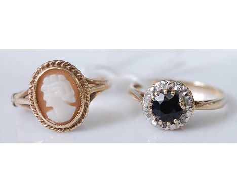 A contemporary 9ct gold, blue and white sapphire cluster ring, 1.9g, size L; together with a 9ct gold carved shell cameo set 