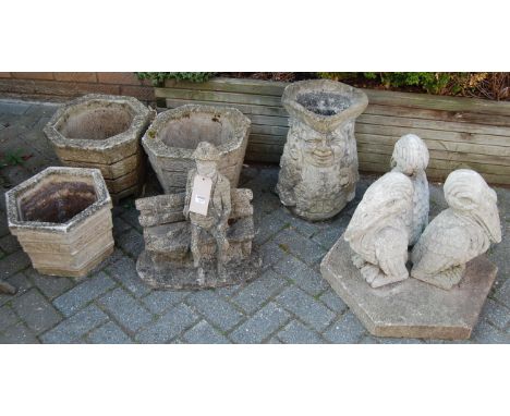 A collection of reconstituted stoneware garden effects, to include; pair of octagonal planters, single hexagonal planter, pla