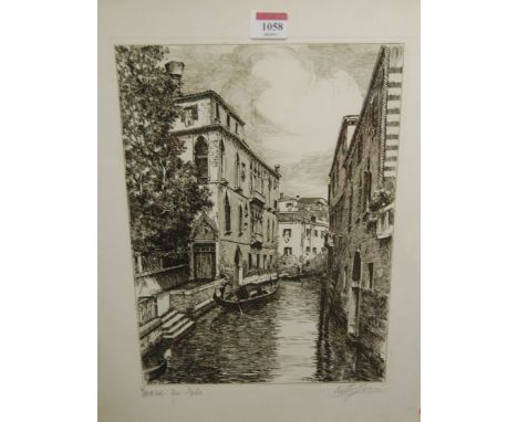 Late 20th century school - Venetian backwater, etching, indistinctly signed in pencil, 35 x 24.5cm 
