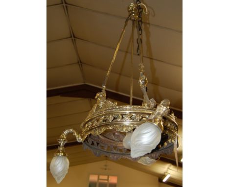 A circa 1900 French brass four light hanging electrolier, having frosted flaming shades, approx drop 100cm 