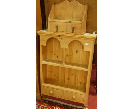 A modern pine hanging wall shelf having twin lower drawers, together with a rustic pine twin drawer small wall shelf (2)