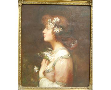 Contemporary School - Profile portrait of a girl wearing a pearl necklace, oil on canvas, 60 x 50cm