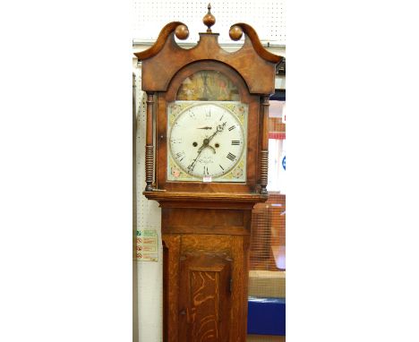 A circa 1800 oak and mahogany crossbanded longcase clock, the painted arch dial decorated with hunting scene, having eight da