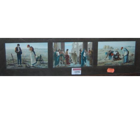 Six various reproduction miniature prints, framed as two triptych, each being of Old Master studies