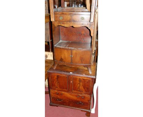 A 19th century mahogany commode, together with a mahogany bow front bedside cabinet and a joined elm square section footstool