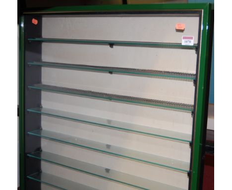 A wall-mounted display cabinet for model railway or diecast toys, having nine glass shelves, full dimensions 83 x 66cm