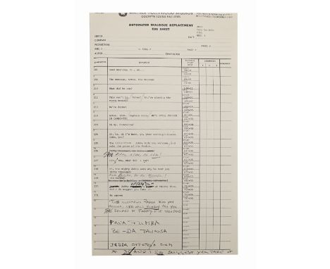STAR WARS: RETURN OF THE JEDI (1983) - Anthony Daniels Collection: ADR Cue Sheet with Handwritten Notes and Corrections - An 