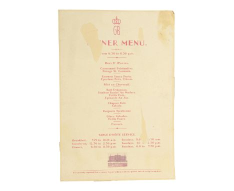 THE GRAND BUDAPEST HOTEL (2014) - Dinner Menu with Shoe Shiner's (Dar Ronge) Signage on Reverse - A dinner menu with the Shoe