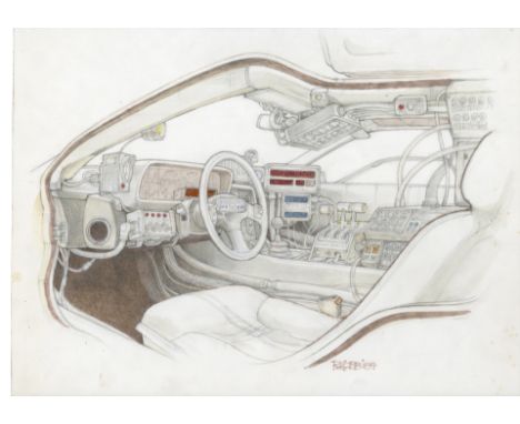 BACK TO THE FUTURE (1985) - Hand-Drawn Ron Cobb Exterior DeLorean Time Machine Concept Art - Hand-drawn Ron Cobb exterior DeL