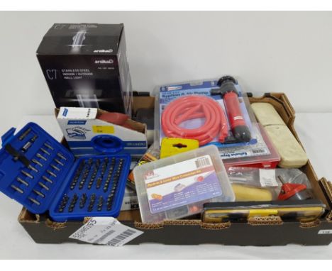 Box of miscellaneous tools to include spanners drill bits outdoor light etc