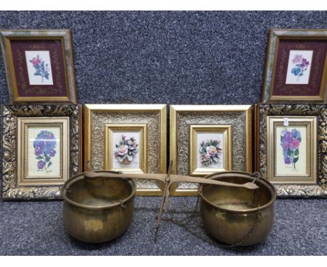 Pair of Italian Capodimonte floral plaques together with gilt framed prints &amp; brass balance scales