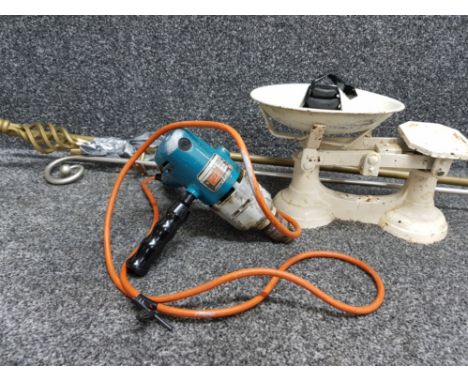 Black &amp; Decker power drill together with vintage metal balance scales (with weights) &amp; 2x curtain rails