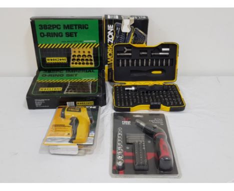 Mixed tools to include forge steal angled ratchet , infrared thermometer, bit set etc