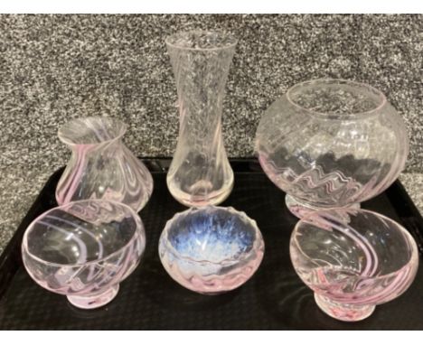 6 pieces of pink &amp; clear Caithness glass - vases &amp; small bowls