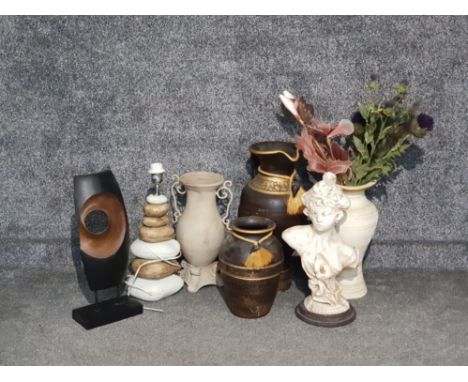 Selection of miscellaneous vases and urns also includes lady bust and pebble table lamp