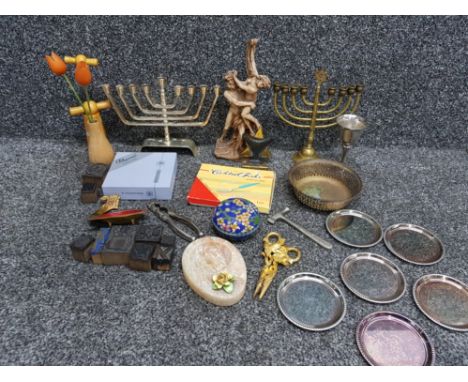 Tray containing 2 jewish Menorahs cloisonne pin dish and cover resin figure nutcracker etc