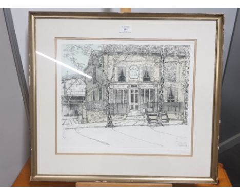 Colour etching and aquatint by Richard Beer (b 1928) "Hotel de la Gare" no 23/70 signed 43 x 37cm