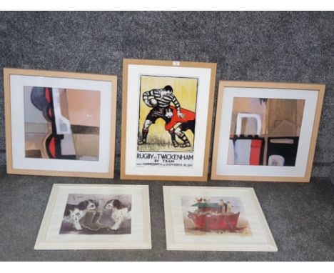 Five colour prints to include rugby twickenham underground poster