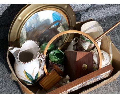 Mixed box lot containing maling lustre, brass porthole mirror, ceramic pieces etc